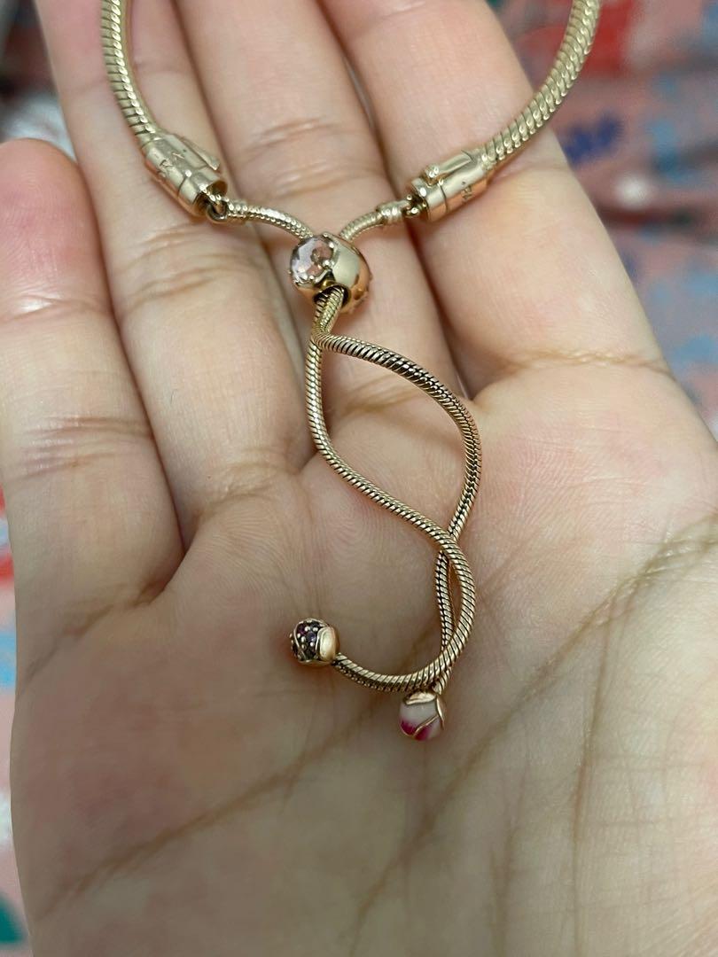 Pandora moments pink peach blossom flower snake chain slider bracelet top