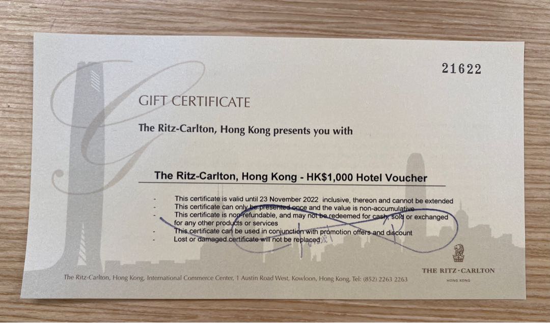 Ritz Carlton 1000 Gift Certificate 門票＆禮券 兌換券 Carousell