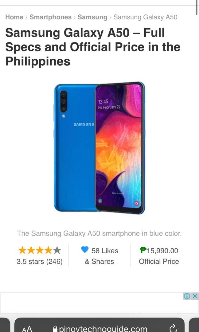 Samsung Galaxy A50 1st Hand (Negotiable) (Category: Samsung) located in Quezon City. Submitted by katiedeemac (Listing ID 1155165996, Image 2). Description: I bought this as a company phone together with a postpaid plan from Globe. This has been fully paid — and can only be used with a Globe sim. All functions are working well and have no issues with the phone EXCEPT for the hairline scratch on the screen. Which doesn’t really bother me as much. 