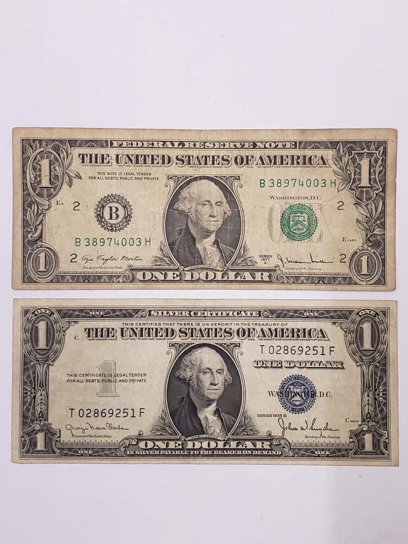 1935年戰前美國銀行1元同1977年1元美元美金紙幣,有接有黃, 興趣及遊戲, 收藏品及紀念品, 錢幣- Carousell