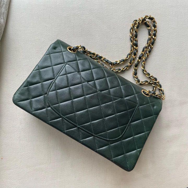 **SOLD**AUTHENTIC CHANEL Forest Green Medium 10” Classic Flap Bag 24k Gold  Hardware 🍃‼️FIXED PRICE‼️