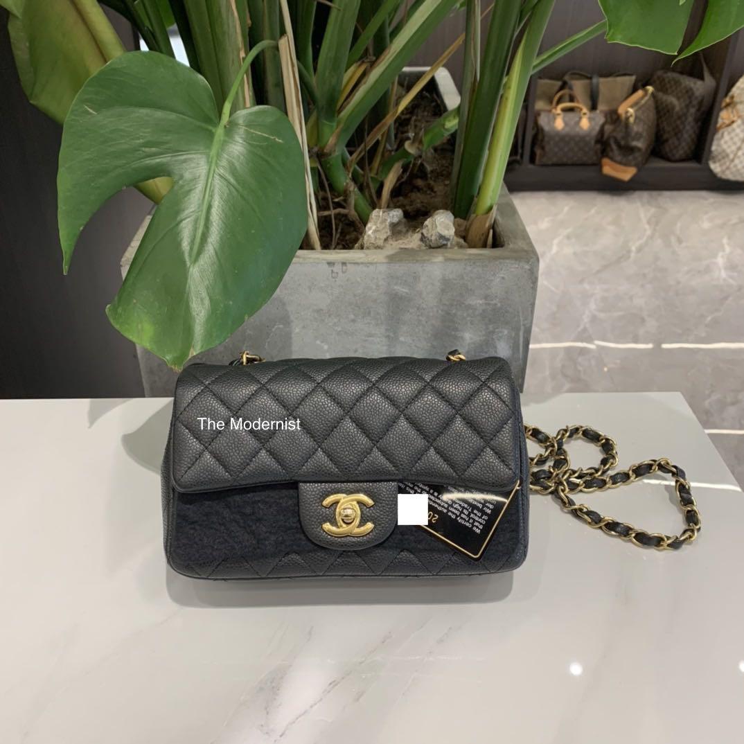 Authentic Chanel Mini Rectangular Flap Bag Black Caviar Leather Gold  Hardware