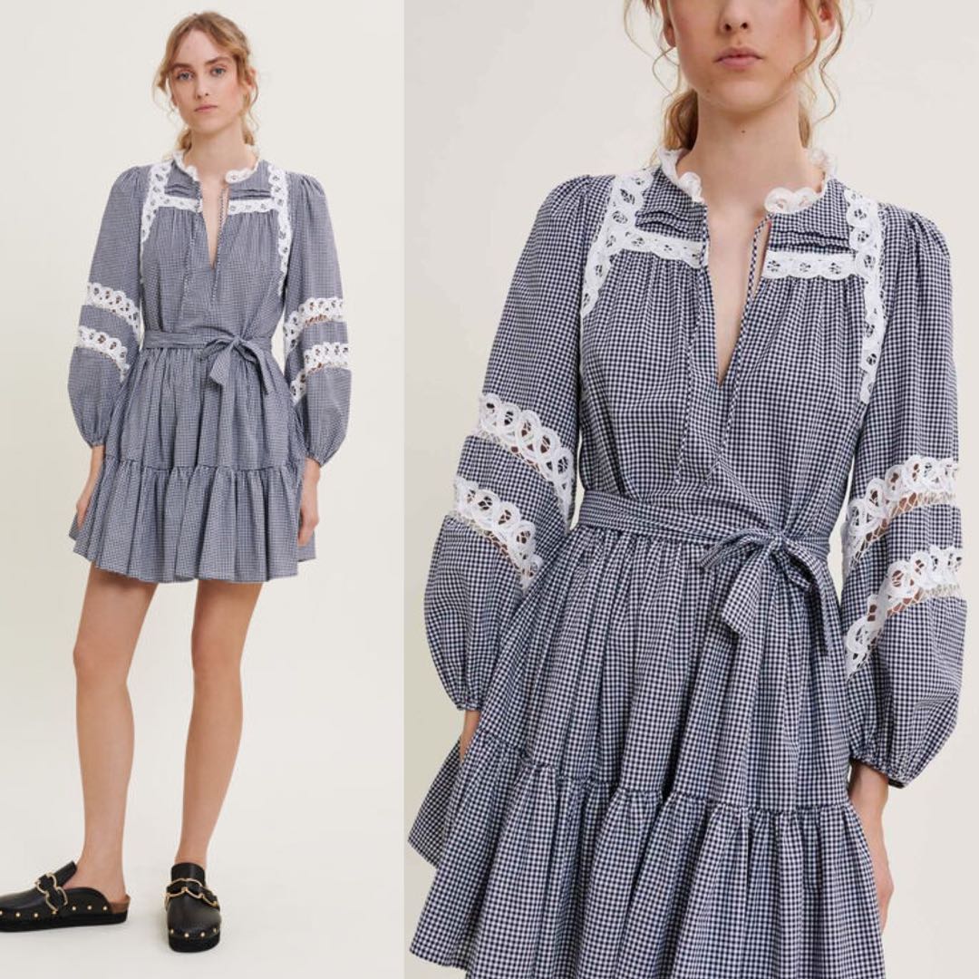 Authentic MAJE gingham and lace mini dress, blue, Women's Fashion