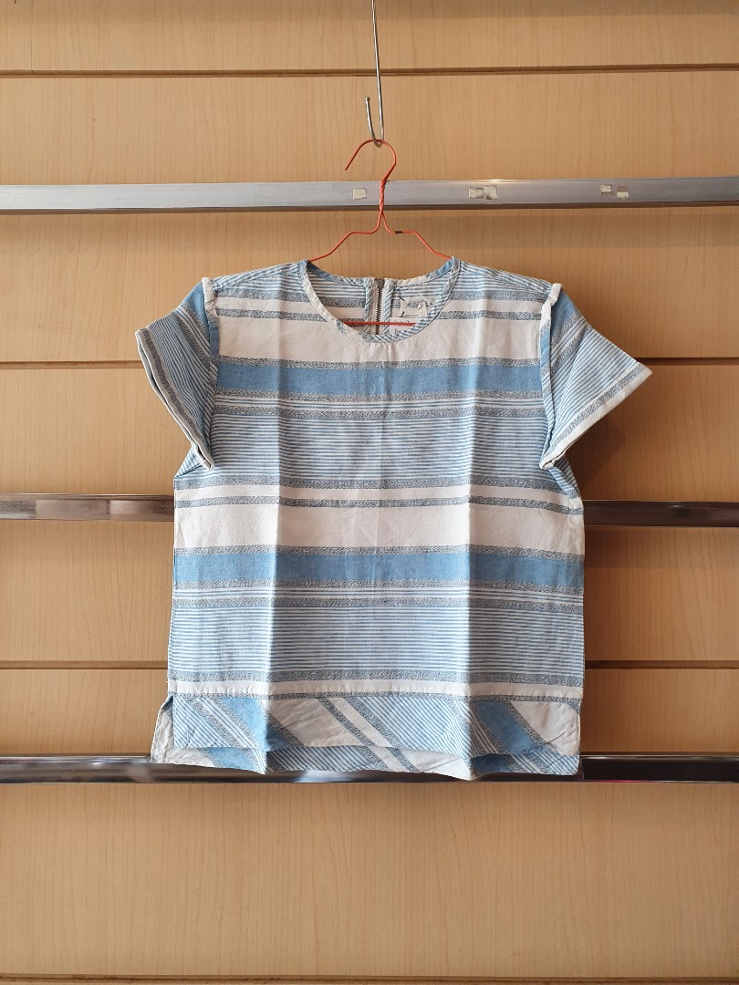 Blue White Striped Linen Top, Fesyen 