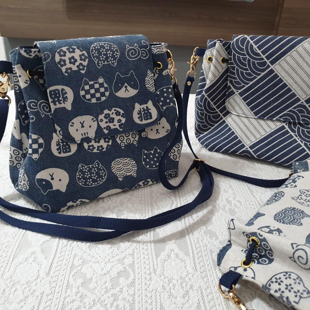 Bucket drawstring bag shoulder crossbody bag Japanese and painting design removable strap