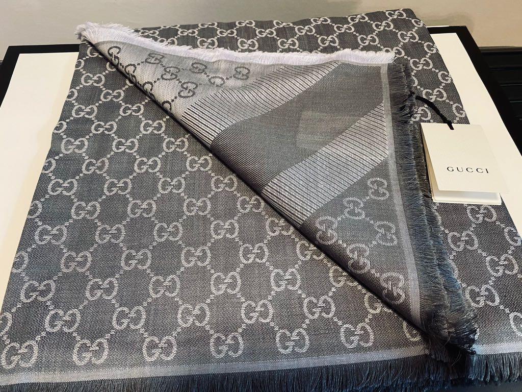 Gucci - Black GG Jacquard Silver Studded Wool & Silk Scarf