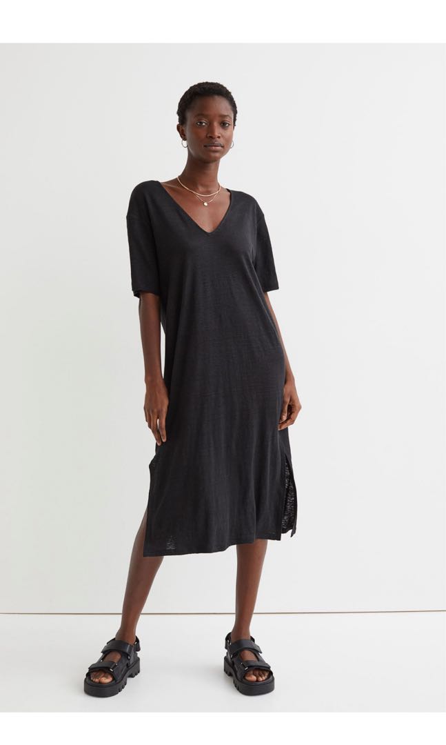 h&m black linen dress