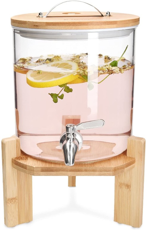 Lid and Wooden Stand for Hot or Cold Drinks Ice Water for Parties Jar with Spigot Tap 1.3 Gallon Navaris Glass Beverage Drink Dispenser 5 Liter 