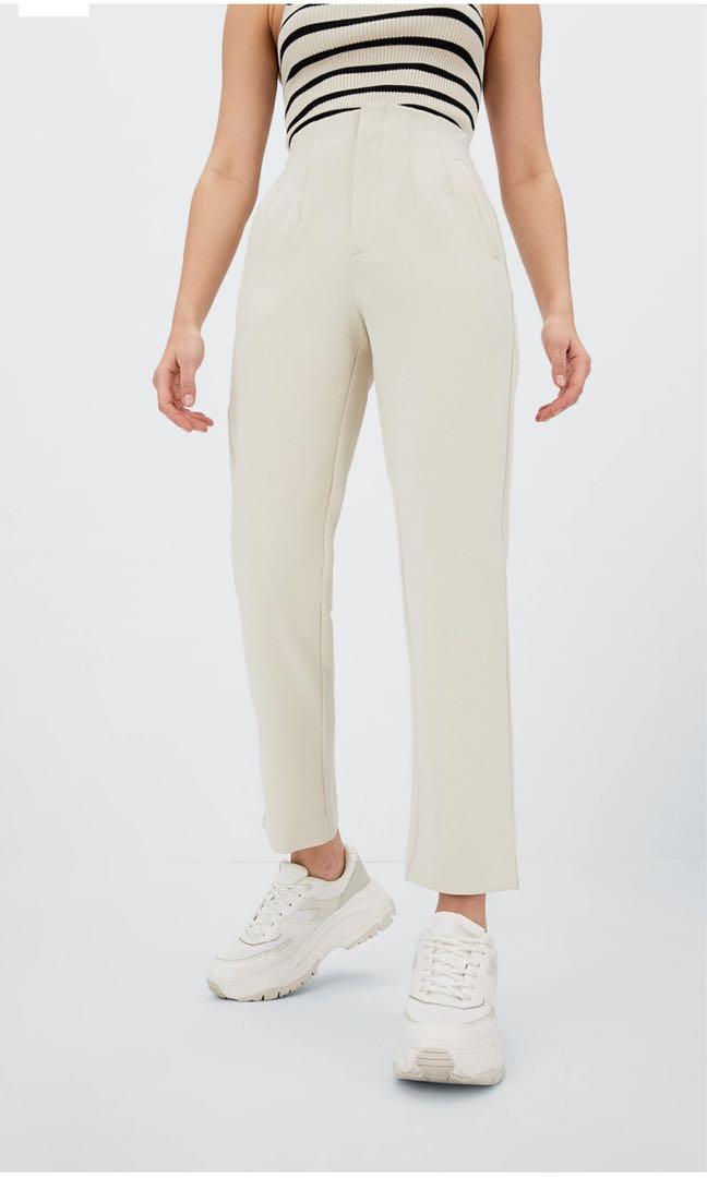 Stradivarius Cream Trousers, Fesyen 