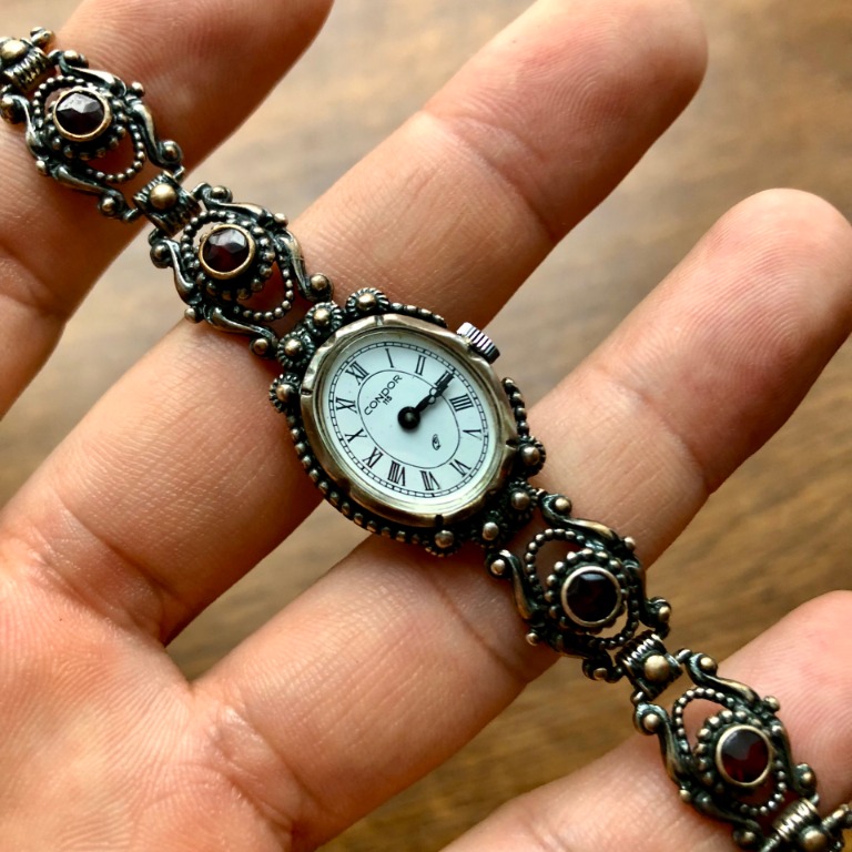 歐洲進口古董波西米亞石榴石銀手鏈手錶，1940-1950年，, 興趣及