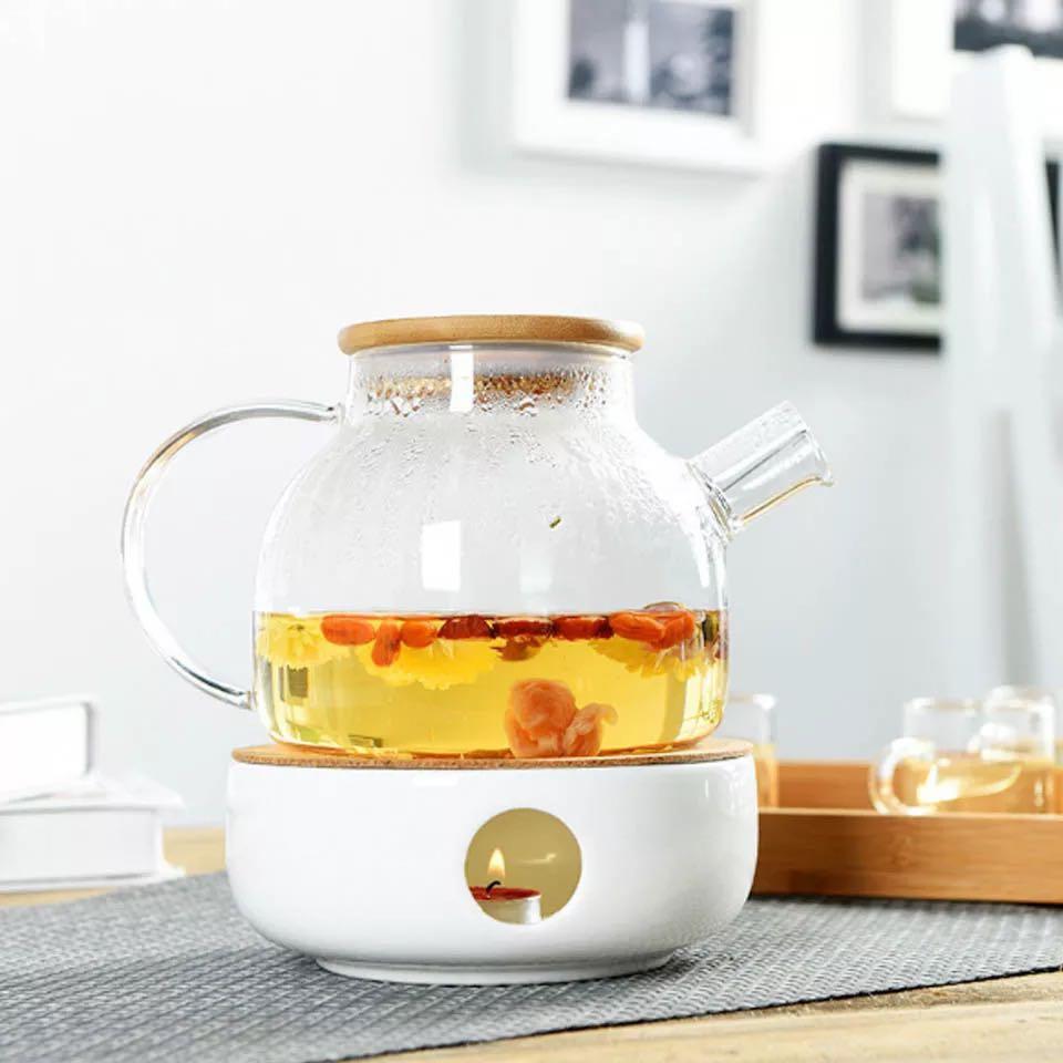 BORREY Big Heat-Resistant Glass Teapot Flower Tea Kettle Large Clear Glass  Fruit Juice Container Ceramic Teapot Holder Base