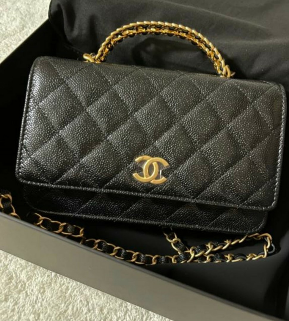 Authentic Chanel 22S Top Handle Black Caviar Wallet On Chain WOC