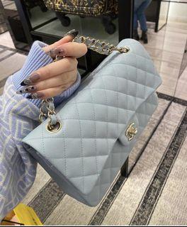 Chanel 22P Light Blue Business Affinity Backpack with Champagne