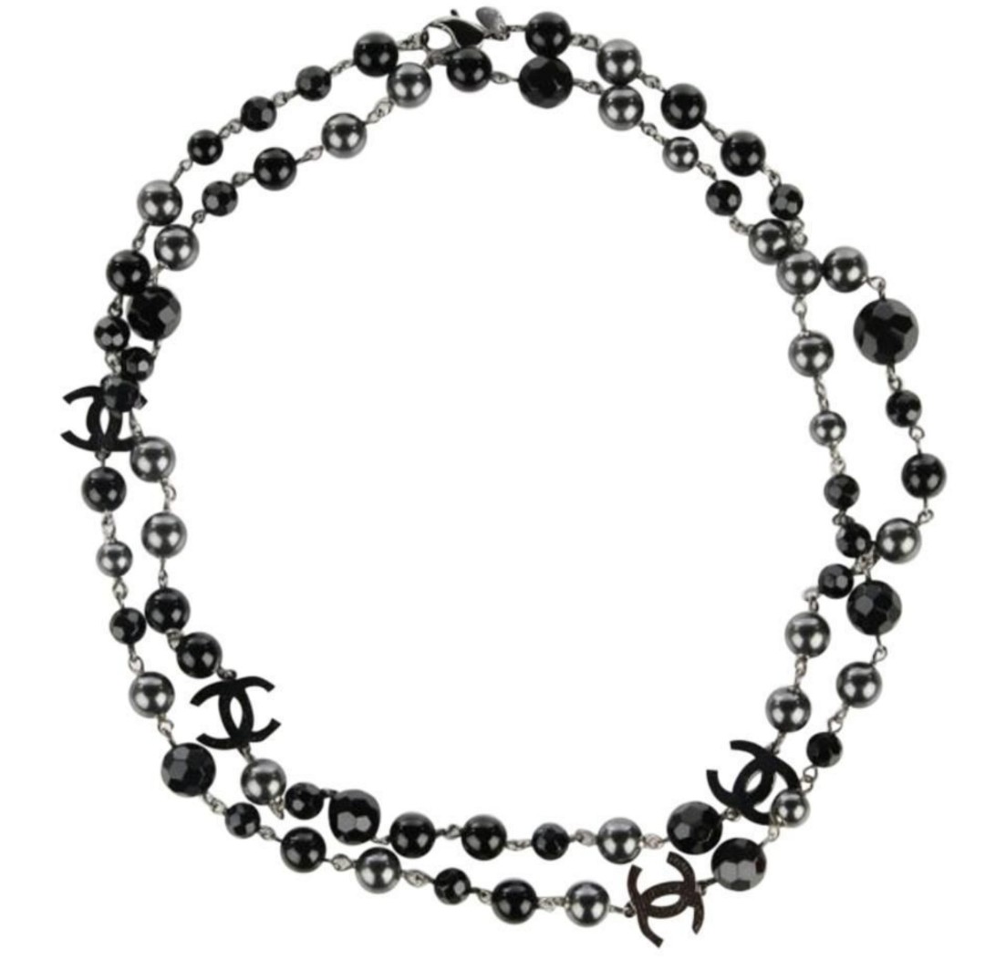 Chanel Ruthenium Tone Black Beaded CC Long Necklace Chanel