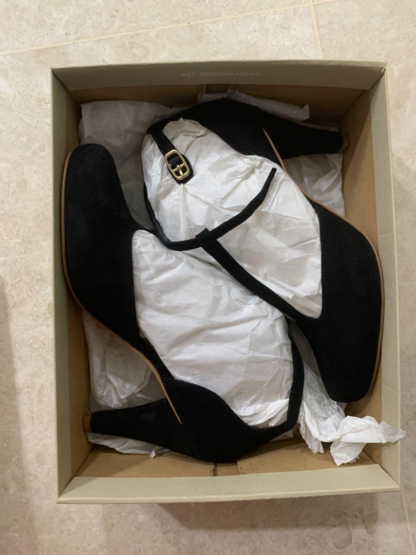 Clarks Dalia Tulip T strap black suede heels