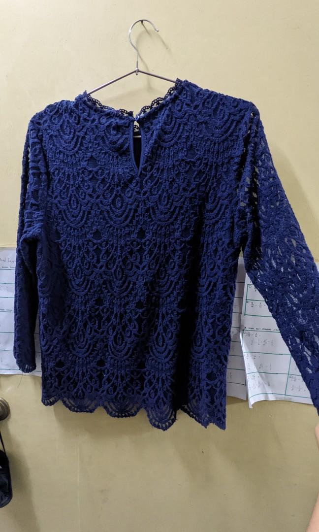 Dark Blue Lace Blouse, Women's Fashion, Muslimah Fashion, Tops on Carousell