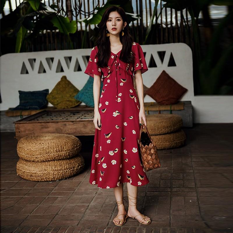 Floral Ruffle Trim Tie Front Maxi Midi Dress V Neck Short Sleeve