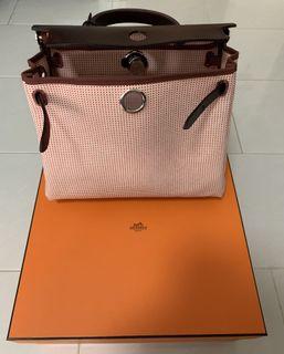 HERMES LIMITED EDITION HERBAG 31 IN ECRU BRIQUE AND MAUVE QUADRILLE CANVAS