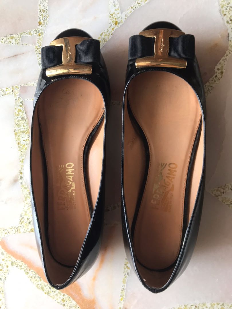 New Salvatore Ferragamo Ninna Flats Nero Patent Calf 8C