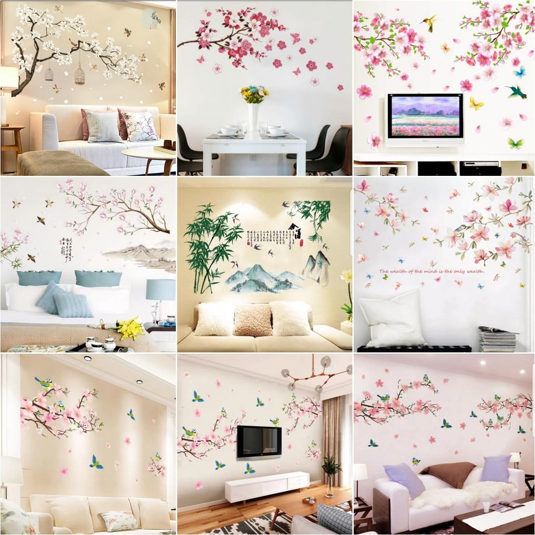 Romantic Sakura peach blossom wall stickers decoration warm living room