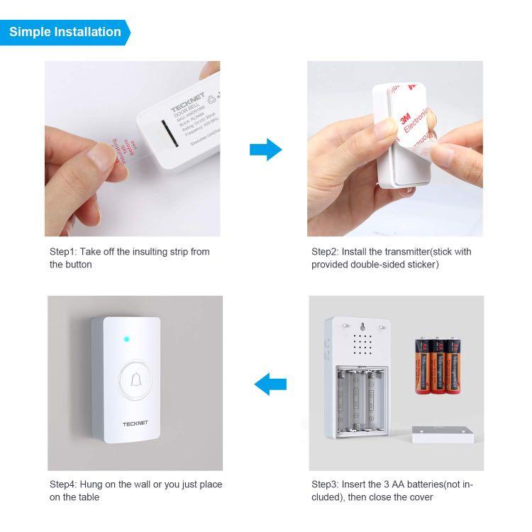 TECKNET Wireless Doorbell，Waterproof Door Bell Chime Kit with 1300 Fee