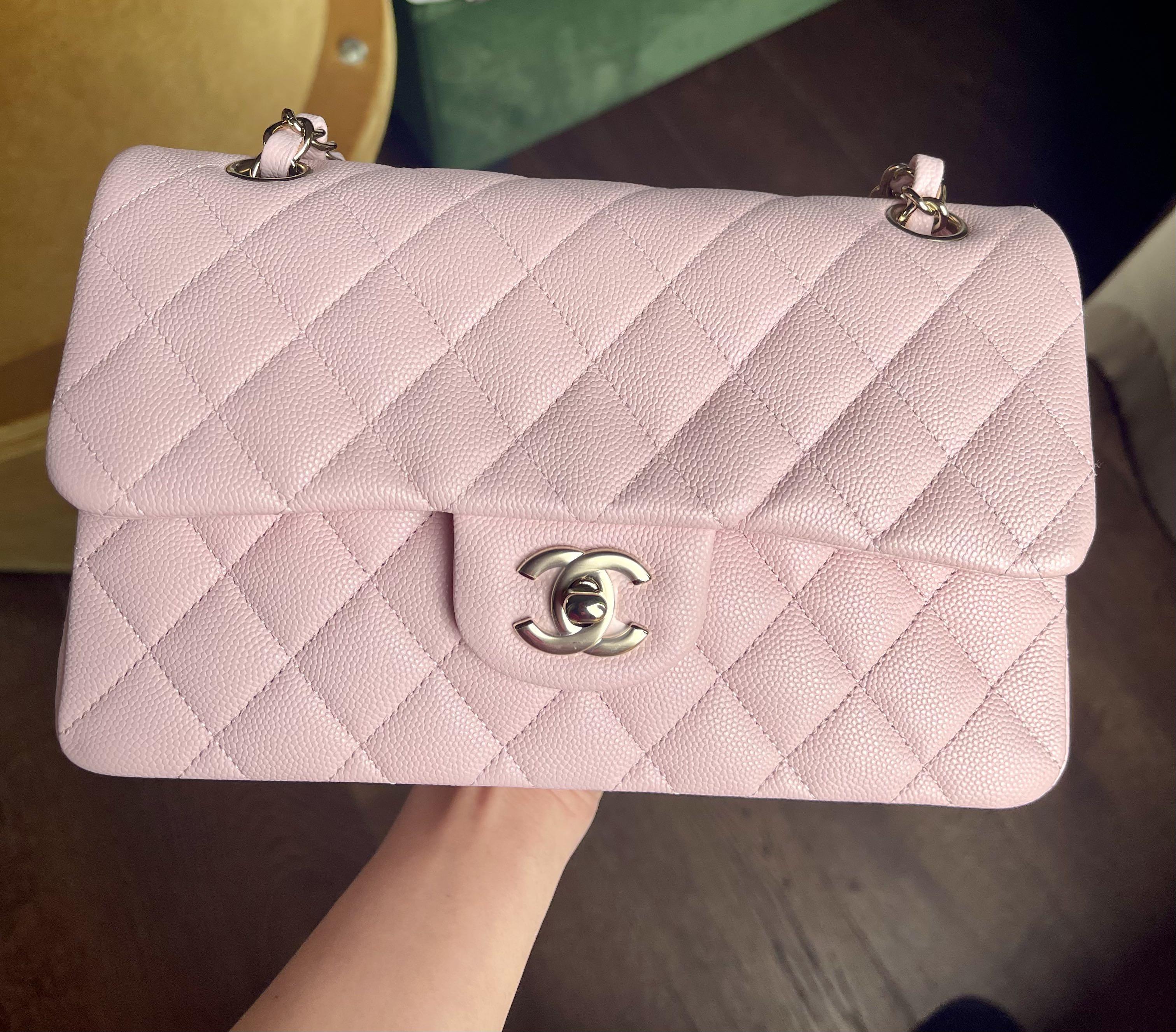 22s Chanel classic small pink in light gold hardware, Luxury, Bags &  Wallets on Carousell