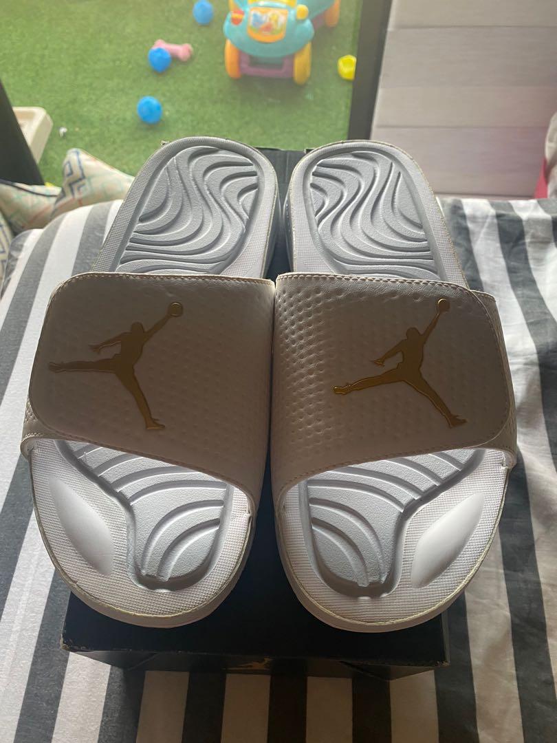 White and gold jordan slides store