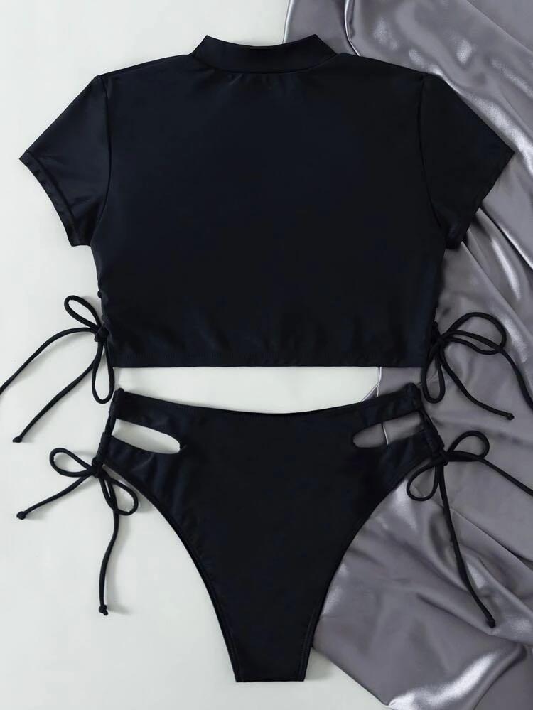 contrast trim short sleeve two piece swimwear