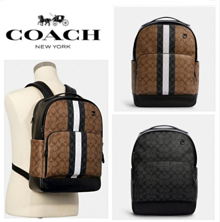 New Coach Original GRAHAM BACKPACK IN SIGNATURE CANVAS WITH VARSITY STRIPE Laptop Backpack For Men Come With Complete Set Suitable for Gift