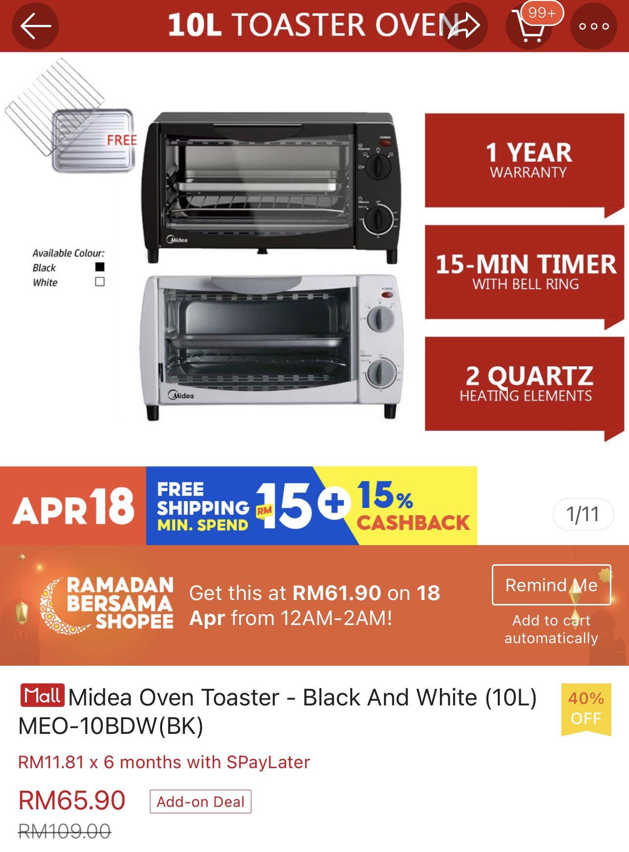 Oven Toaster Midea (10L), White, TV & Home Appliances, Kitchen