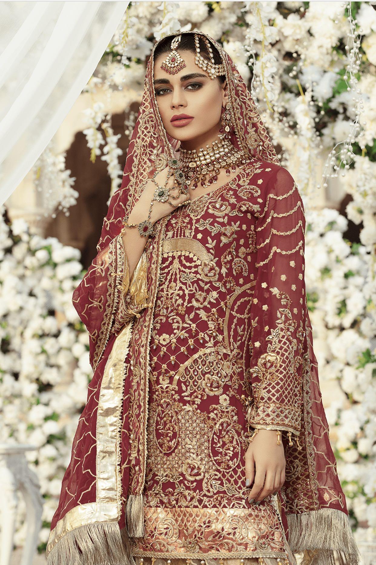 Buy Red satin embroidery bridal lehenga choli at fealdeal.com