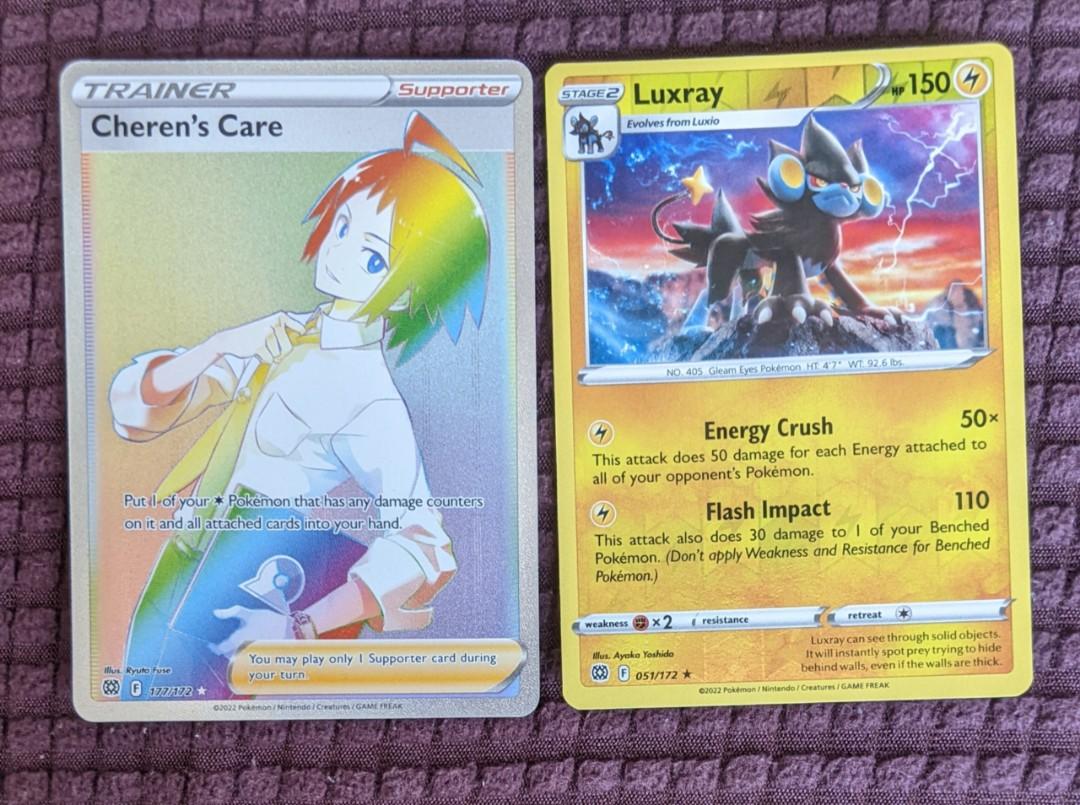 Rainbow Rare Cheren's Care and a shiny stage 2 Luxray, Hobbies & Toys