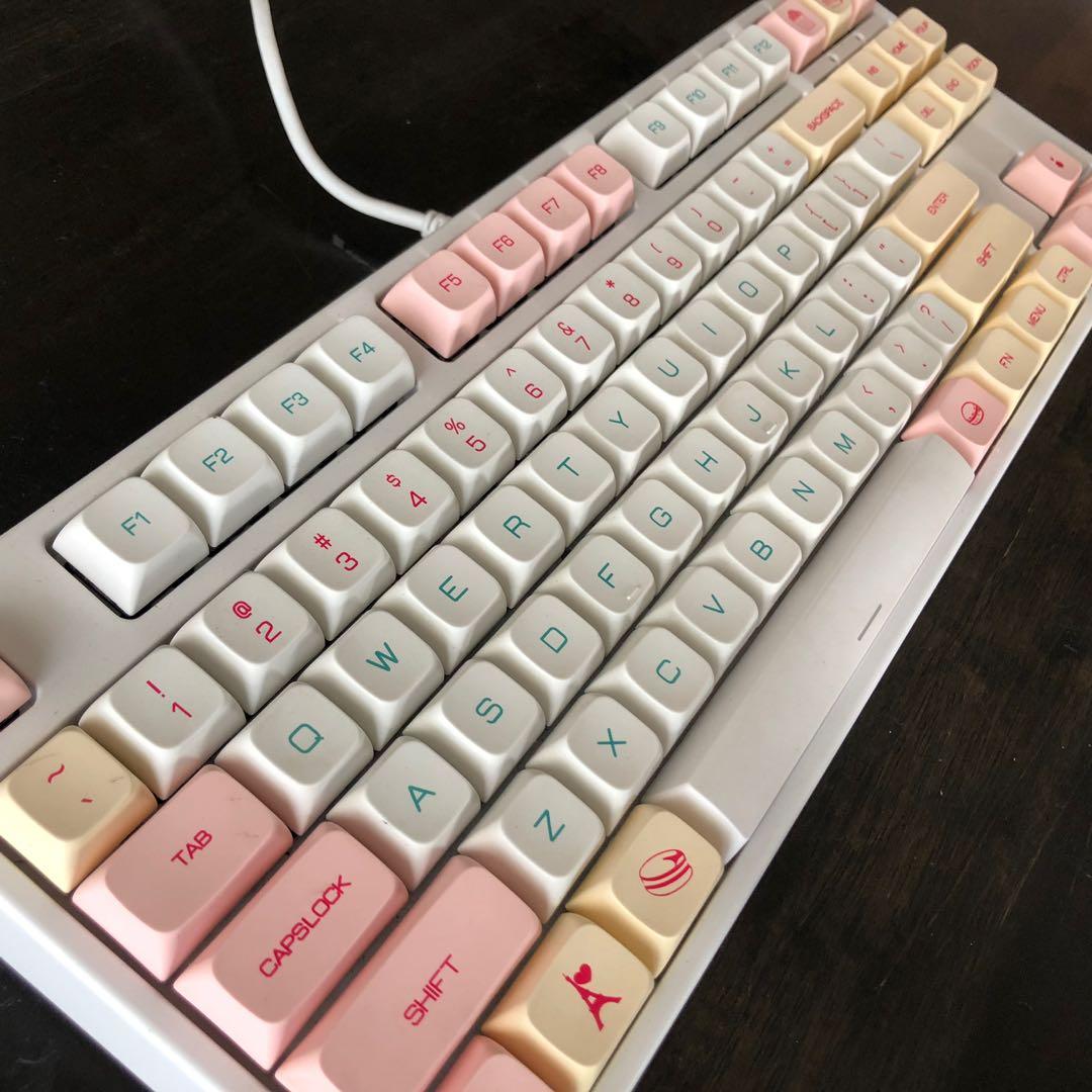 Royal Kludge RK987 Keyboard (Category: Computer Keyboard) located in Pasig City. Submitted by cyeli (Listing ID 1147925188, Image 3). Description: - Php 2,000 if with PBT macaron keycaps (XDA) and original keycaps - Php 1,600 if only with original keycaps - price negotiable - comes with box - white backlight - red switches - wired - bought in December 2021 - non hot swappable switches -compatible with Windows XP, MacOS.