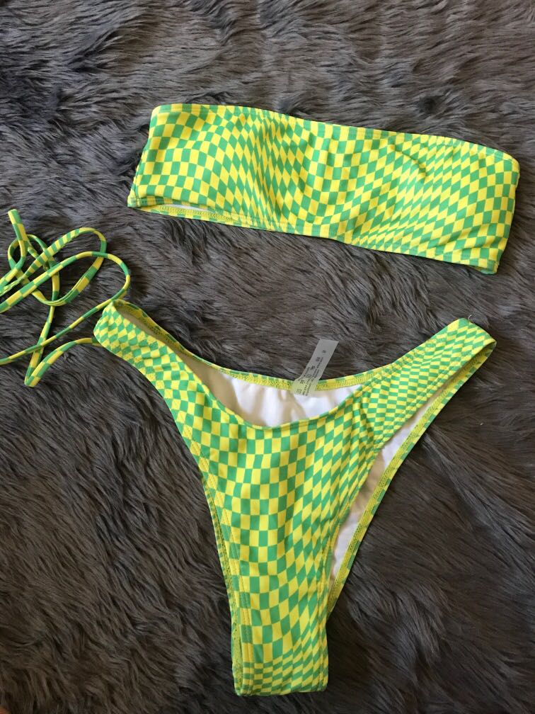 SHEIN Y2K Bikini Swimsuit Checkered Green Aesthetic, Women's Fashion ...