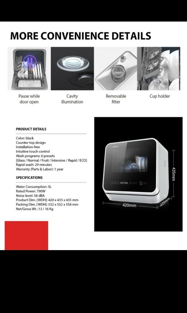 [Toshiba] Mini 5L Portable Dishwasher [DWS22ASG(K)], TV & Home