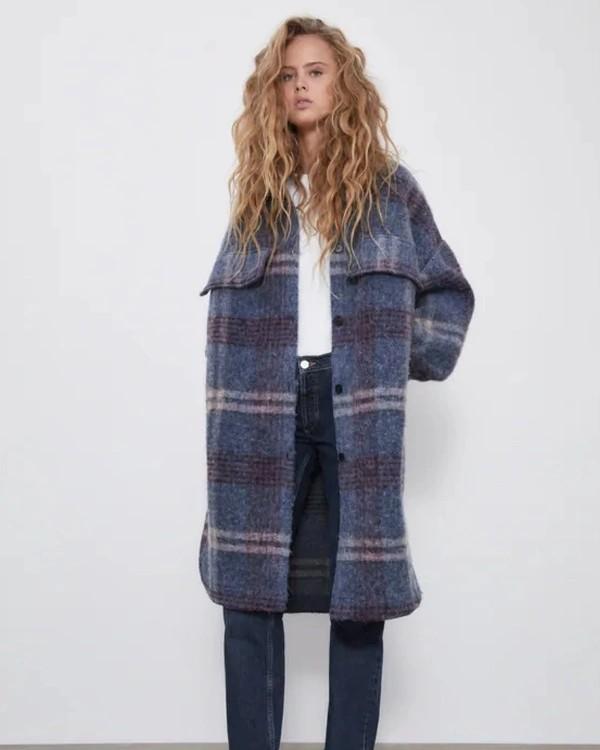 Zara wool blend plaid overshirt checked long shirt outer Coat