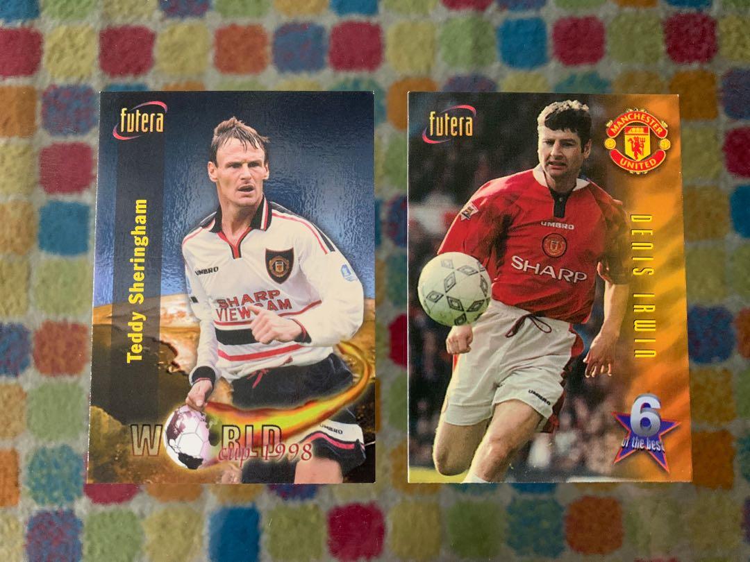 1998 Futera Manchester United Teddy Sheringham and Denis Irwin Collectible  Cards. Good condition for its vintage age.