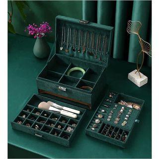 📺3-layers Green Stud Jewelry Organizer Large Ring Necklace Makeup Holder Cases Velvet Jewelry Box