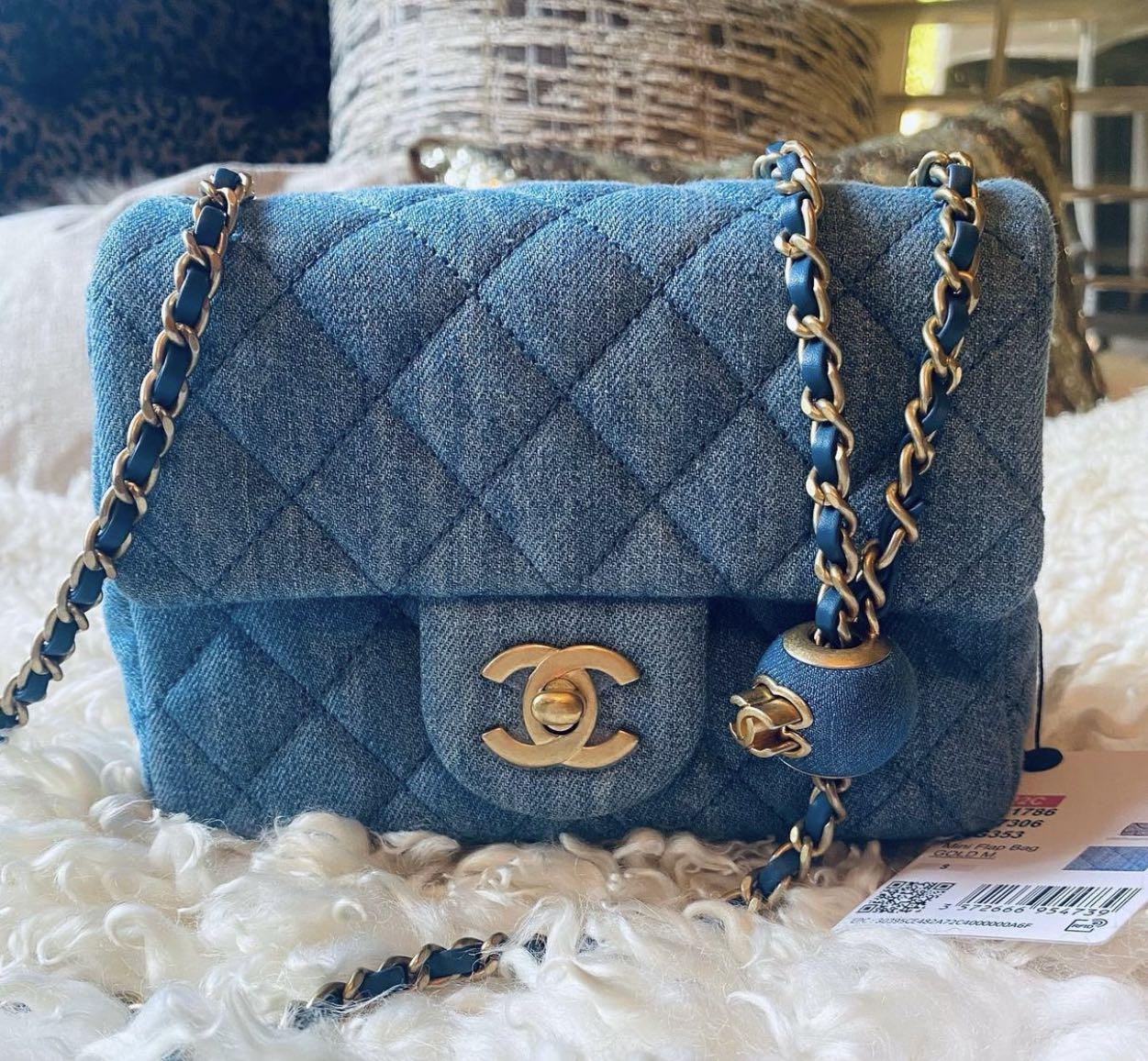 Chanel Blue Quilted Denim Pearl Crush Mini Classic Flap Bag