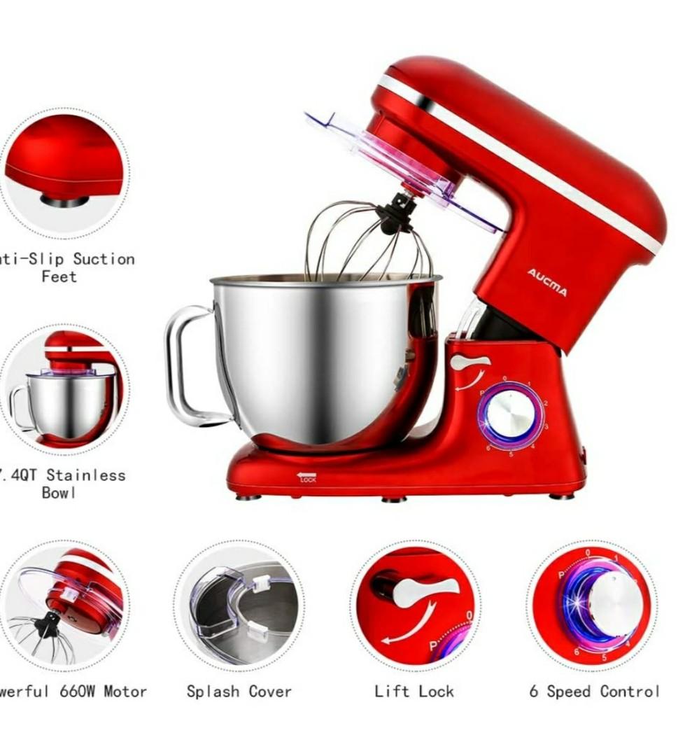 Aucma Stand Mixer,7.4QT 6-Speed Tilt-Head Food Mixer, Electric Kitchen Mixer  with Dough Hook, Wire Whip & Beater (Red), by ozzy4you