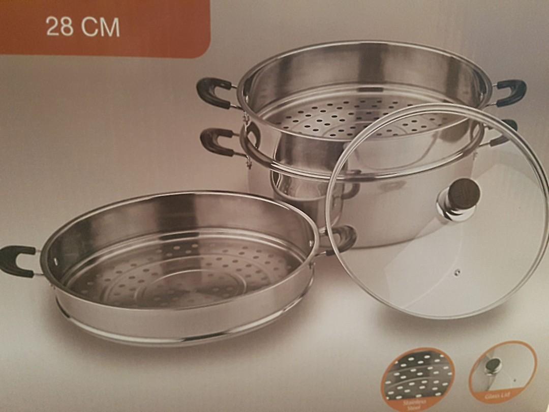 2-Tier Stainless Steel Food Steamer Rice Steaming Pot Cooker 28cm w/Glass Lid 