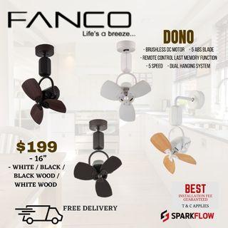 Fanco DONO 16' corner fan dc brushless motor ABS blades 90 degrees oscillation Dual hanging system 3 blades timer cheap designer corner fan installation 4 years warranty singapore black black wood white white wood