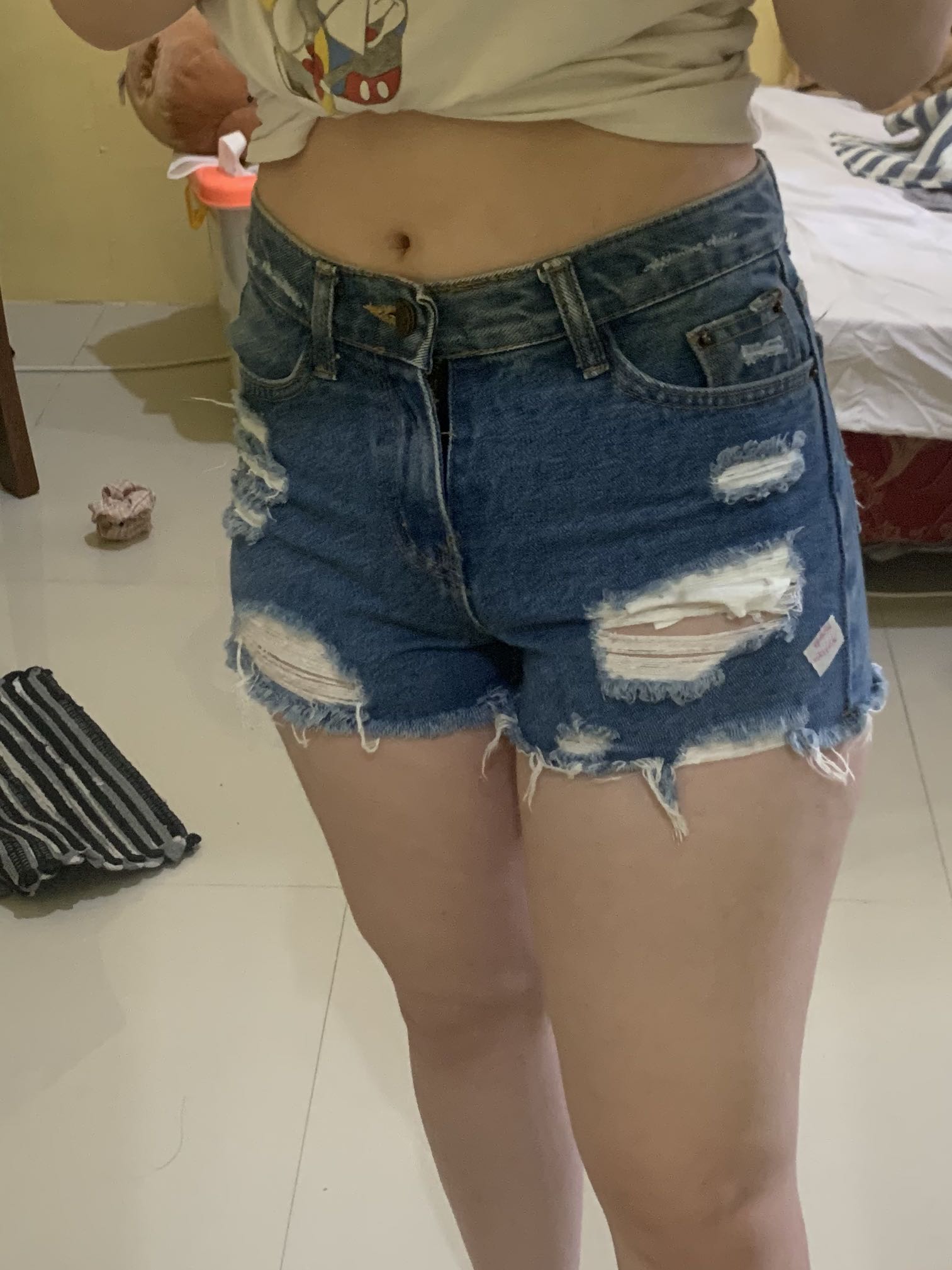 SOLD Korean brand mini hot pants denim jeans ripped blue, Fesyen Wanita