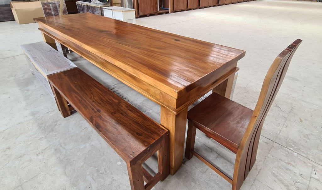 Mahogany wood table, 4 benches and 2 chairs, Furniture & Home Living