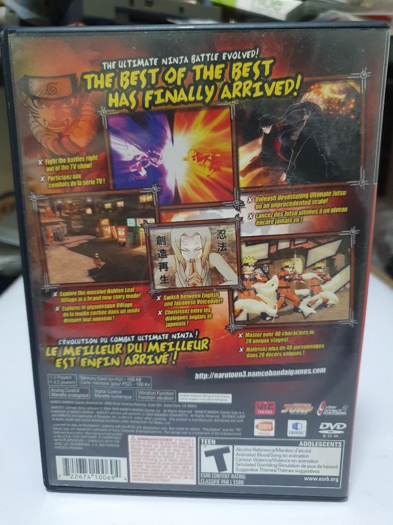Naruto Ultimate Ninja 3 (Sony Playstation 2, ntsc) (Category: PlayStation) located in Quezon City. Submitted by itemsforadoption (Listing ID 1156027153, Image 2). Description: Rfs: Its 2022! Happy New Year. Now is a time to be joyous and declutter. And I'm doing just that this season. Naruto Ultimate Ninja 3 , has no manual but has case cover and ps2 disc. Game is in good working condition. Explore the hidden leaf village in a brand new story mod
