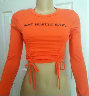 Orange Ruched Long Sleeve Crop Top