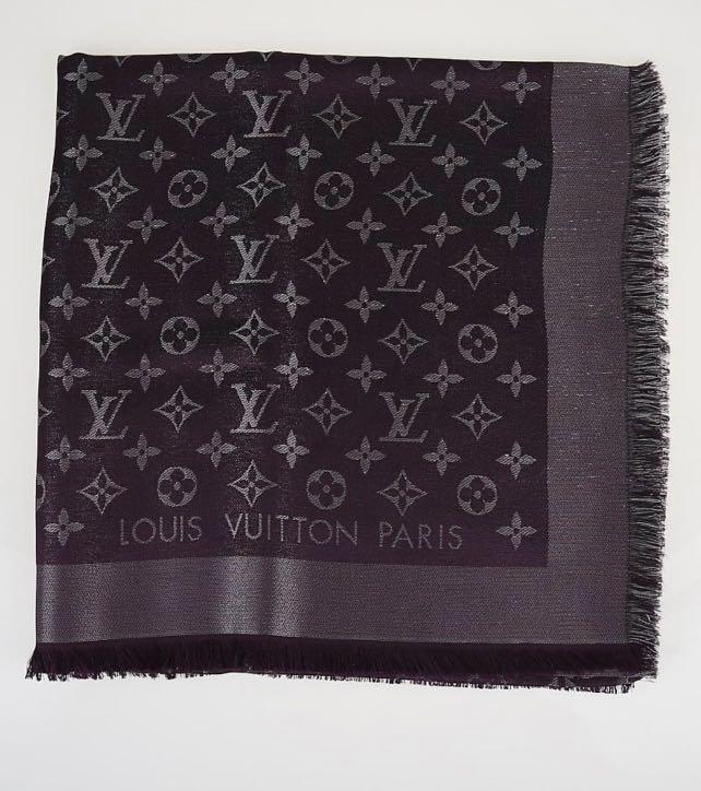 Louis Vuitton, Grey Charcoal Silver Monogram Shine Lv Logo Silk Shawl M