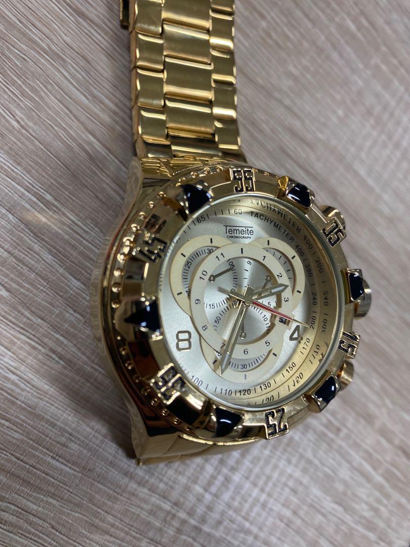 Temeite Gold Watches for Men Luxury Brand Big Dial Quartz Waterproof Golden  Male Wristwatches Stainless Steel Relogio Masculino