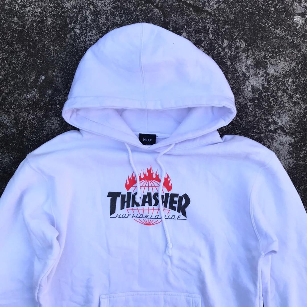 Thrasher x huf hoodie white top