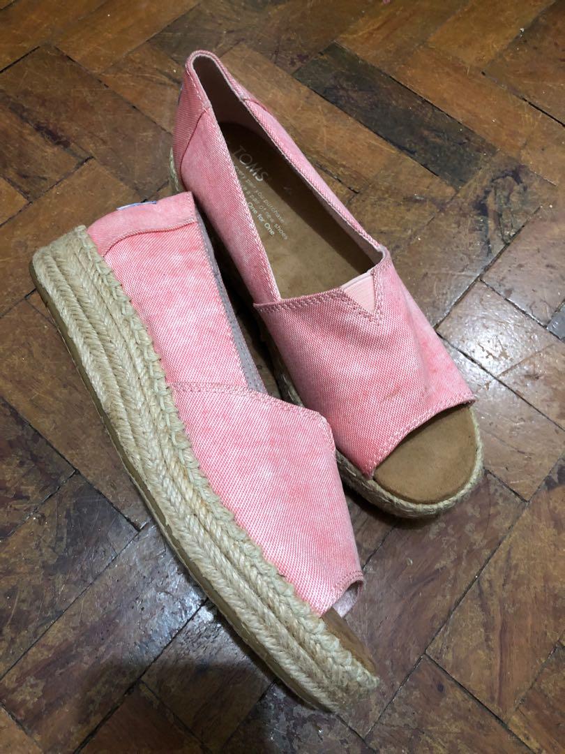 Toms Coral Espadrilles Open Toe Platform Alpargata Shoe Washed Twill Pink 22.5 cm